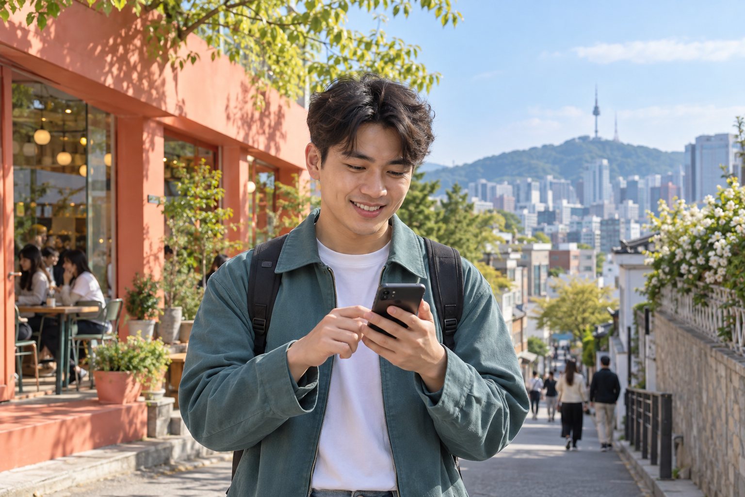 색감이 풍부한 서울 거리에서 스마트폰을 사용하는 모습